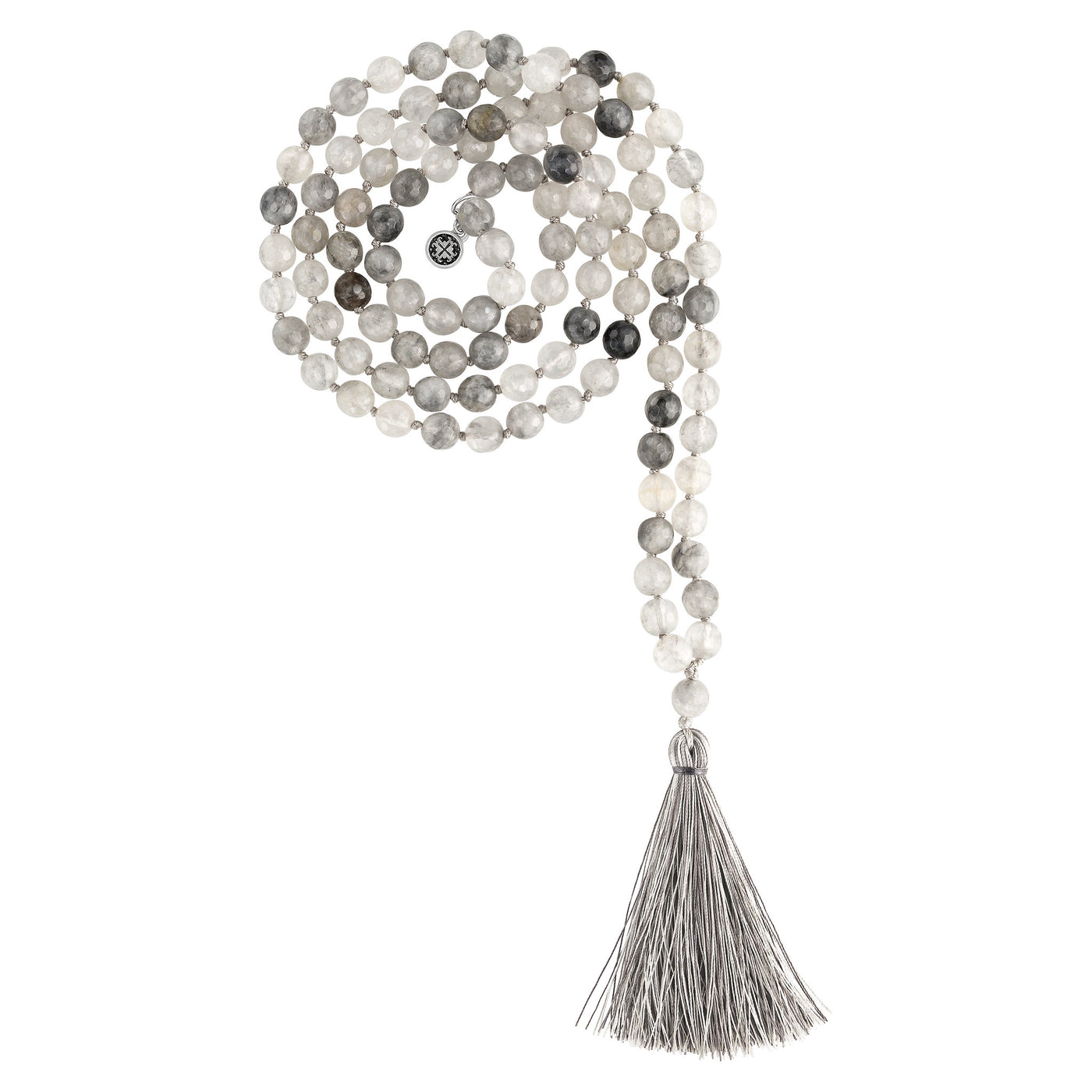 AWARENESS: Silver Grey Quartz Faceted 108 bead Hand-knotted Mala 8mm