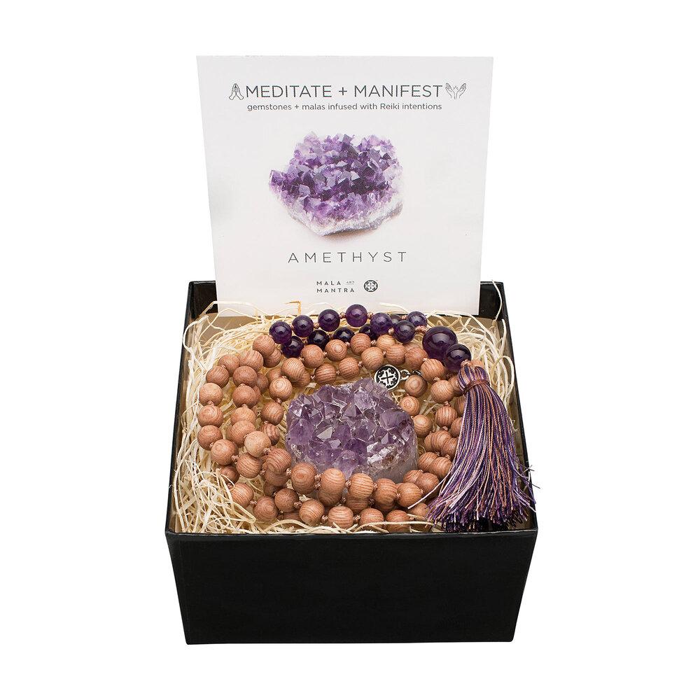 Gemstone Gift Set: Amethyst + Rosewood Namaste Mala with Gemstone - malaandmantra