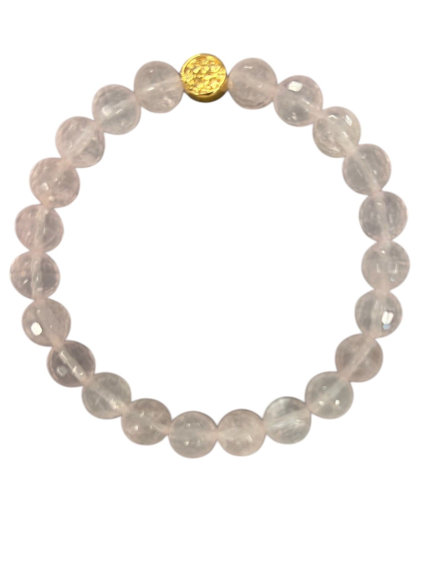 Rose Quartz 8mm Faceted Stretch Bracelet with gold logo bead