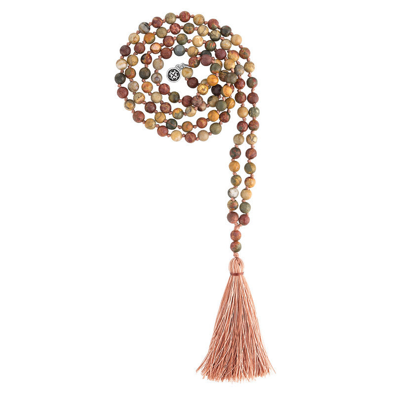 RELAXATION: Red Creek Jasper Faceted 108 Bead Hand-Knotted Mala