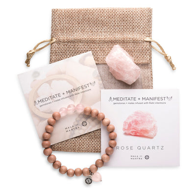 LOVE: Gemstone Gift Set: Triple Happiness Rose Quartz Charm Bracelet with Gemstone