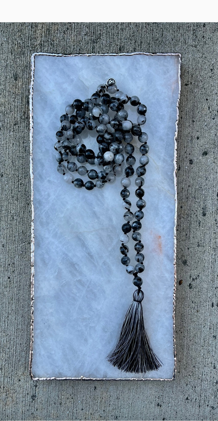 HEALING: Black Rutilated Quartz Faceted 108 Bead Hand-Knotted Mala 8mm