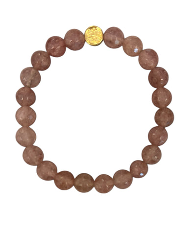 Ruby Quartz 8mm Faceted Stretch Bracelet with gold logo