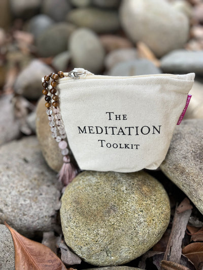 Meditation Toolkit + Hand-knotted 108 Bead Mala: Robles wood + Rose Quartz
