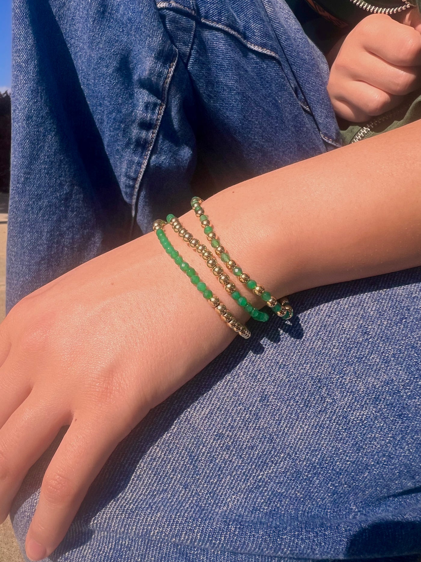 MAY Birthstone: Green Agate + Gold Filled Beaded Birthstone Bar Stretch Bracelet