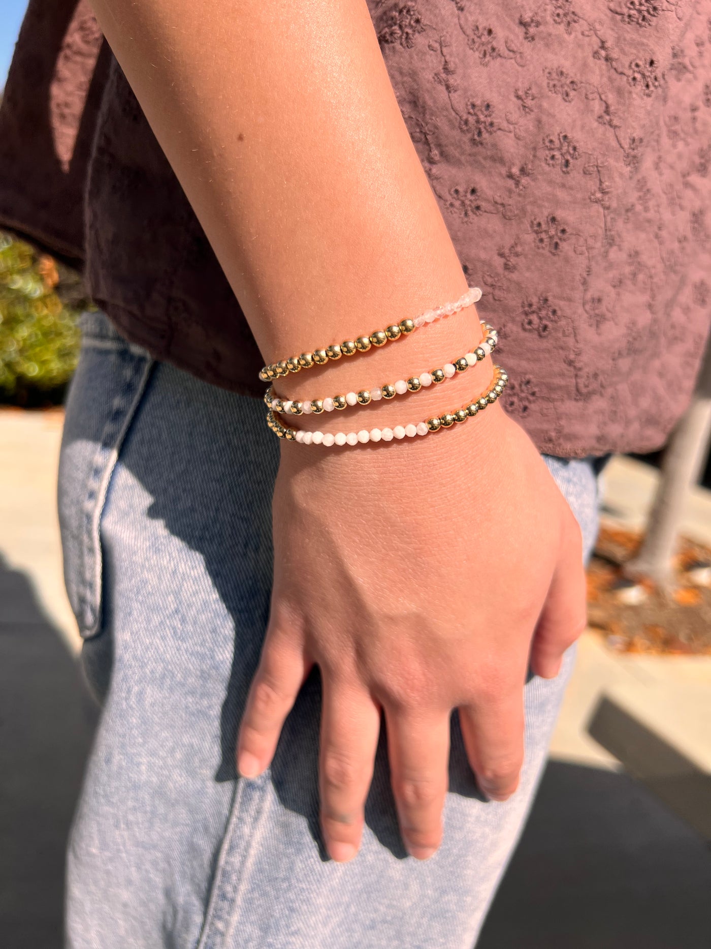 JUNE Birthstone: White Moonstone + Gold Filled Beaded Birthstone Bar Stretch Bracelet