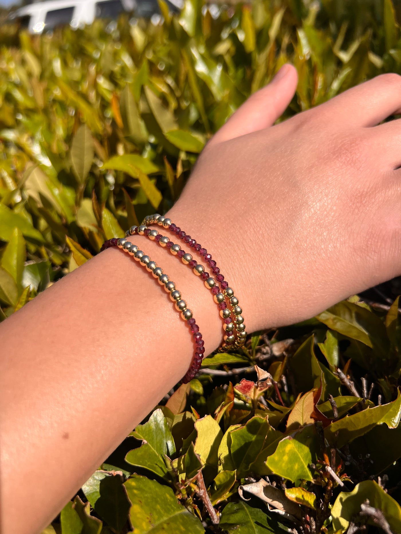 JULY Birthstone: Rubine + Gold Filled Beaded Birthstone Bar Stretch Bracelet