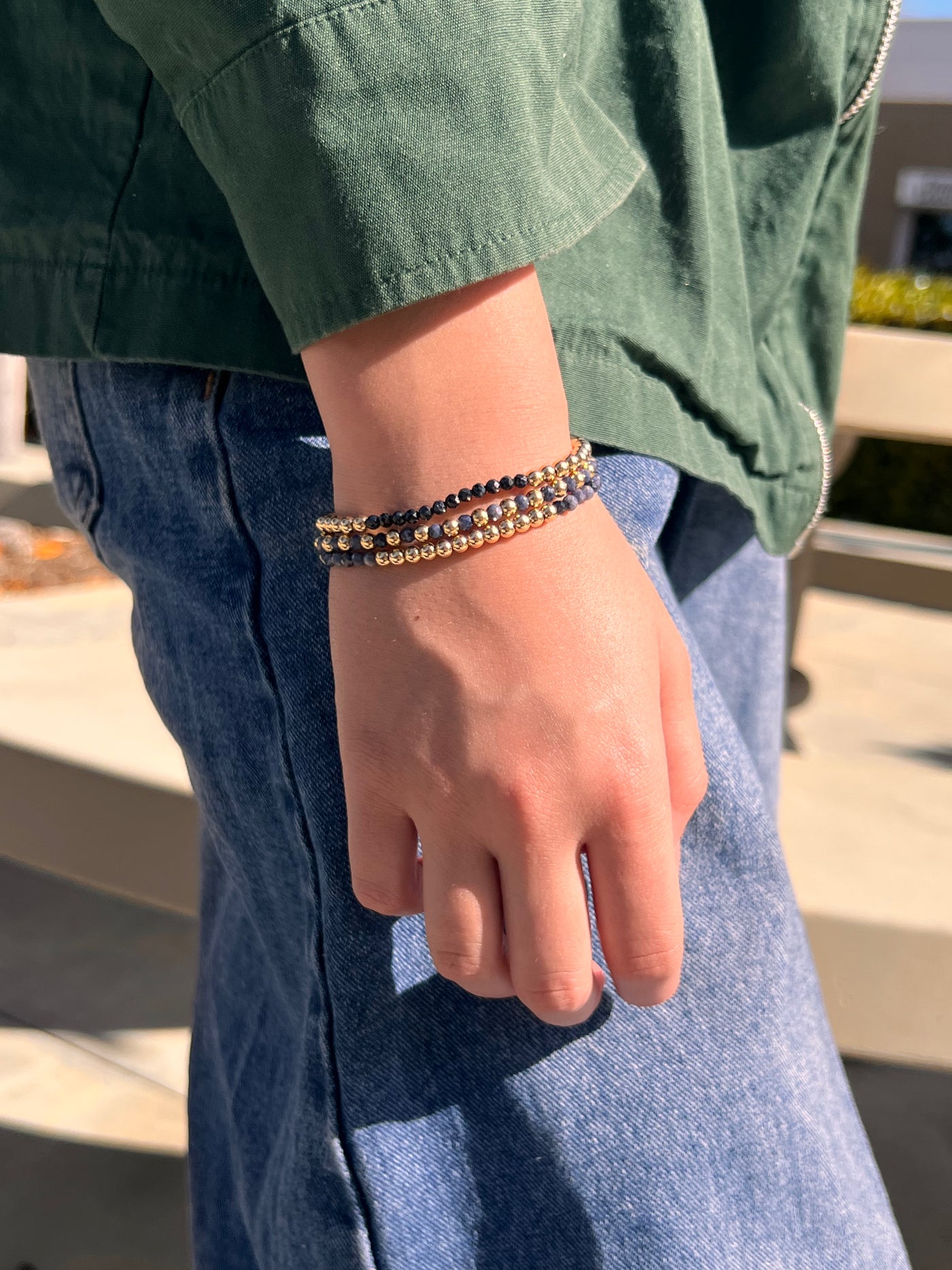 SEPTEMBER Birthstone: Sapphire + Gold Filled Beaded Birthstone Bar Stretch Bracelet