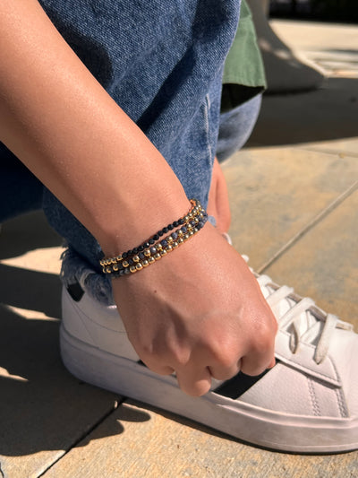 SEPTEMBER Birthstone: Sapphire + Gold Filled Beaded Birthstone Bar Stretch Bracelet