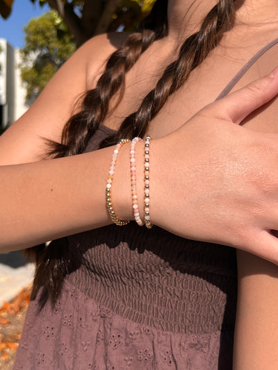 OCTOBER Birthstone: Pink Opal + Gold Filled Beaded Birthstone Bar Stretch Bracelet