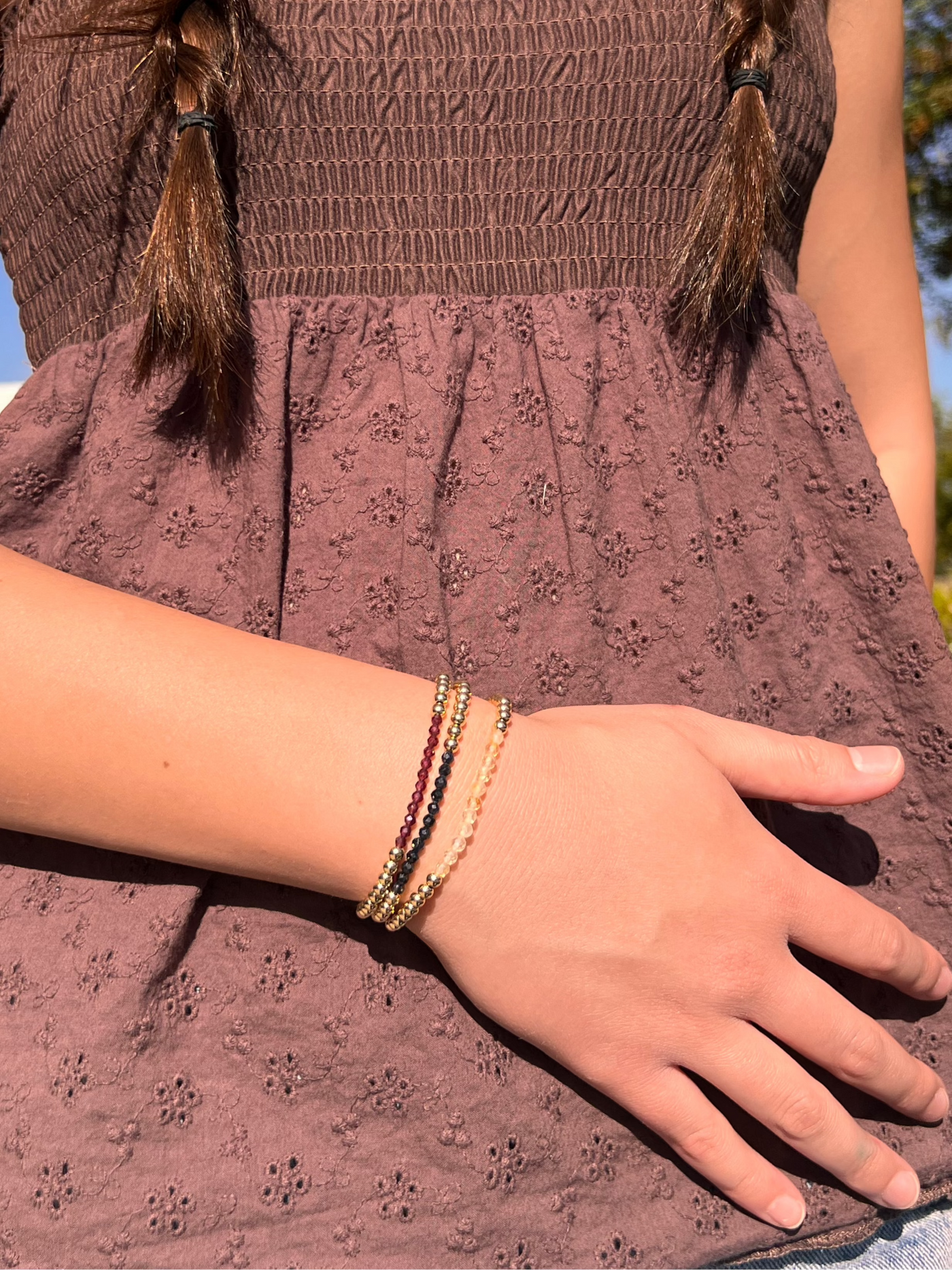 FEBRUARY Birthstone: Amethyst + Gold Filled Beaded Birthstone Bar Stretch Bracelet