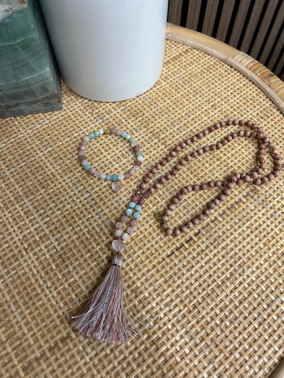 MATA MALA LUXE:  Gemstone Mix Stretch Bracelet with Rose Quartz Charm