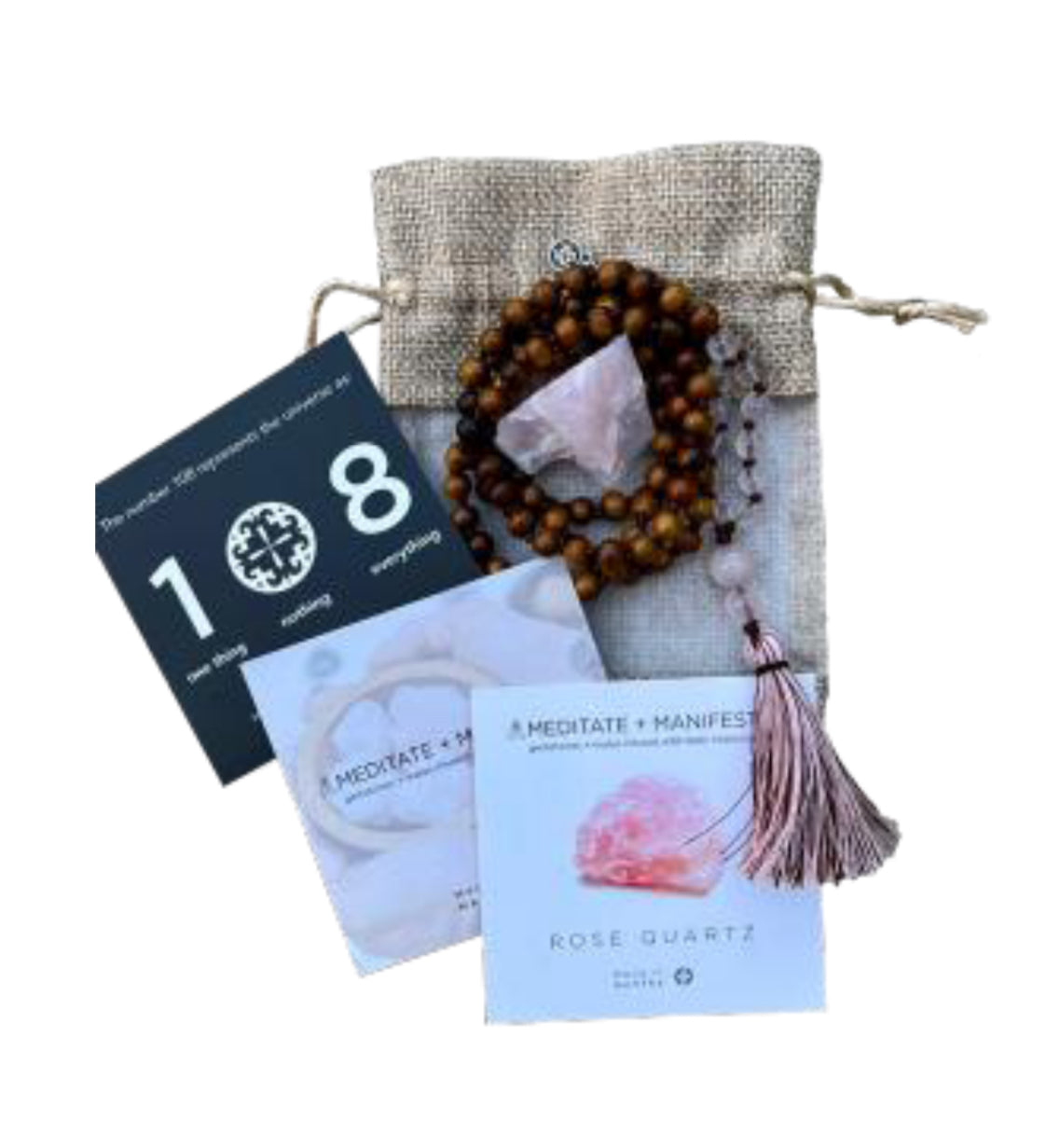 LOVE: Gemstone Gift Set:  Rose Quartz + Robles wood Namaste Mala with Gemstone