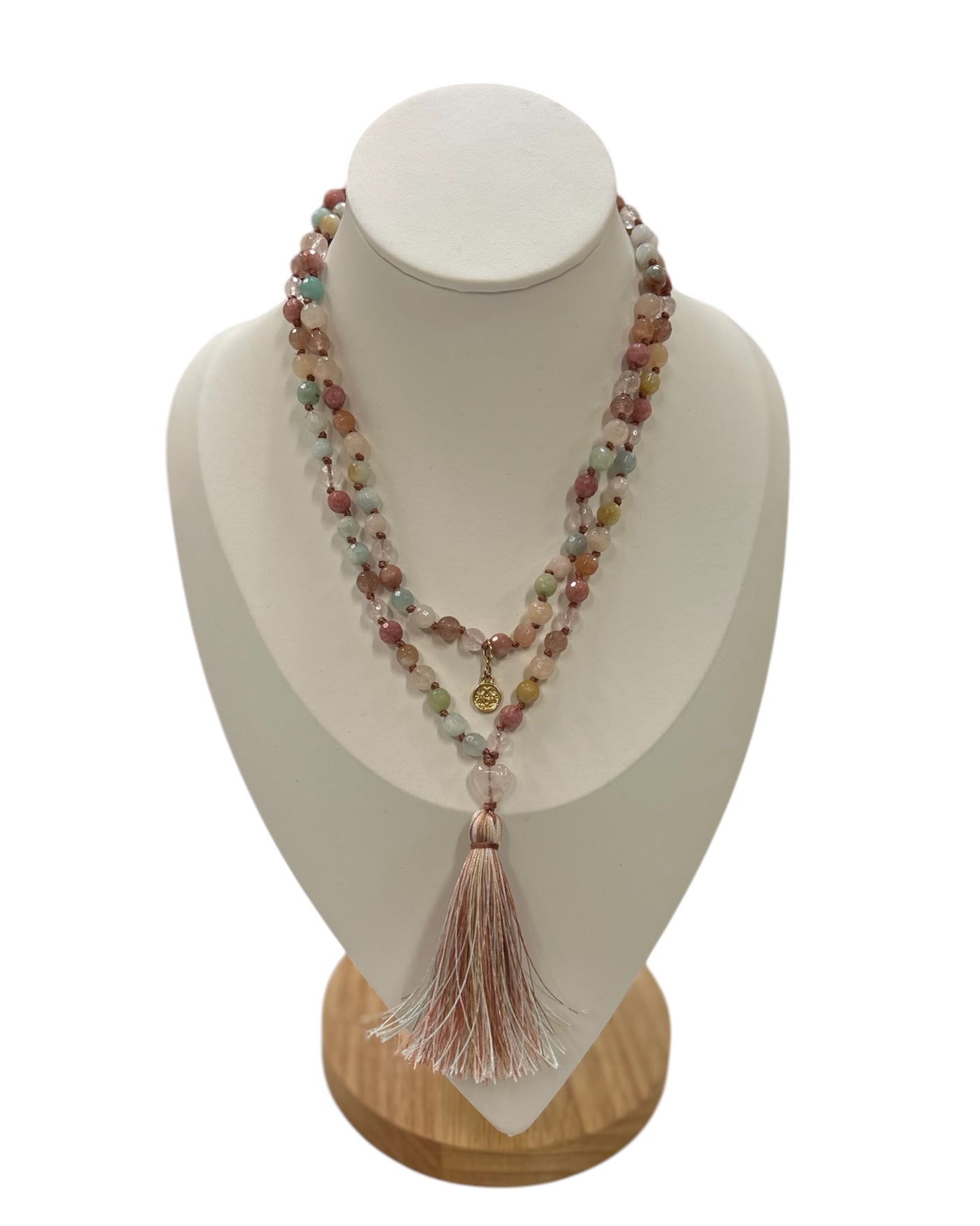 MATA MALA LUXE:  108 Bead Hand-knotted Gemstone Mix Mala with Rose Quartz Heart Guru Bead