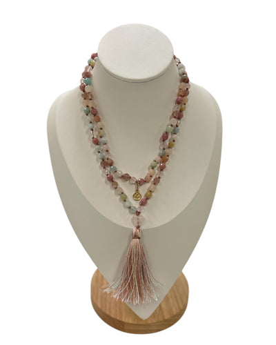 MATA MALA LUXE:  108 Bead Hand-knotted Gemstone Mix Mala with Rose Quartz Heart Guru Bead