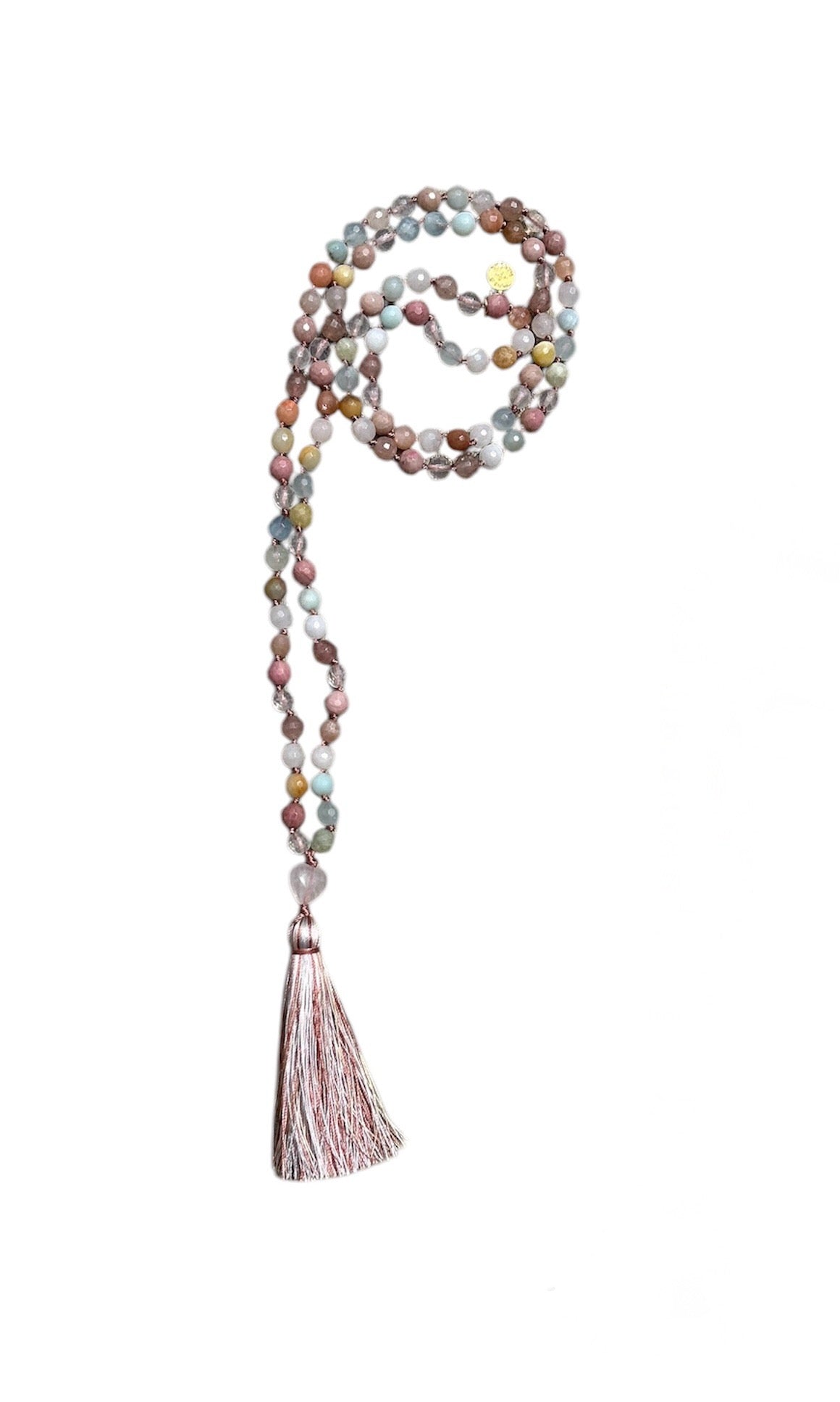 MATA MALA LUXE:  108 Bead Hand-knotted Gemstone Mix Mala with Rose Quartz Heart Guru Bead