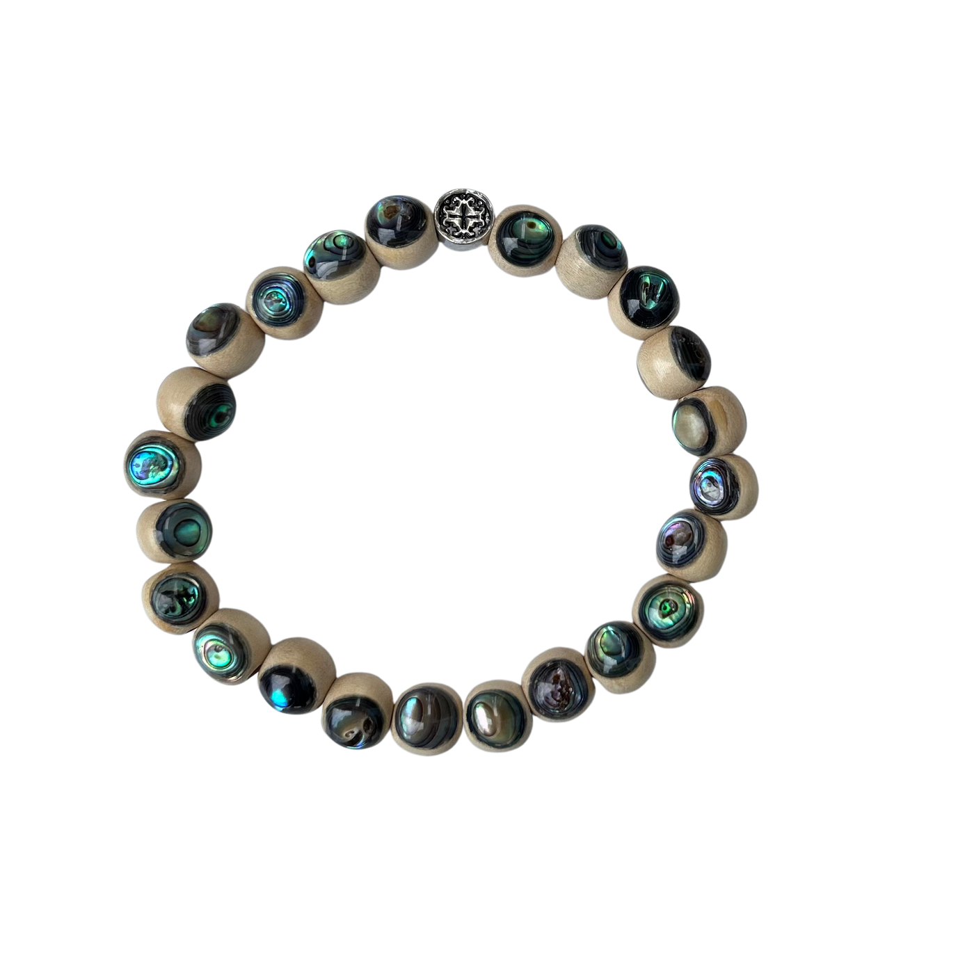 PĀUA MALA-Abalone Shell and Whitewood Unisex Stretch 8mm Bracelet