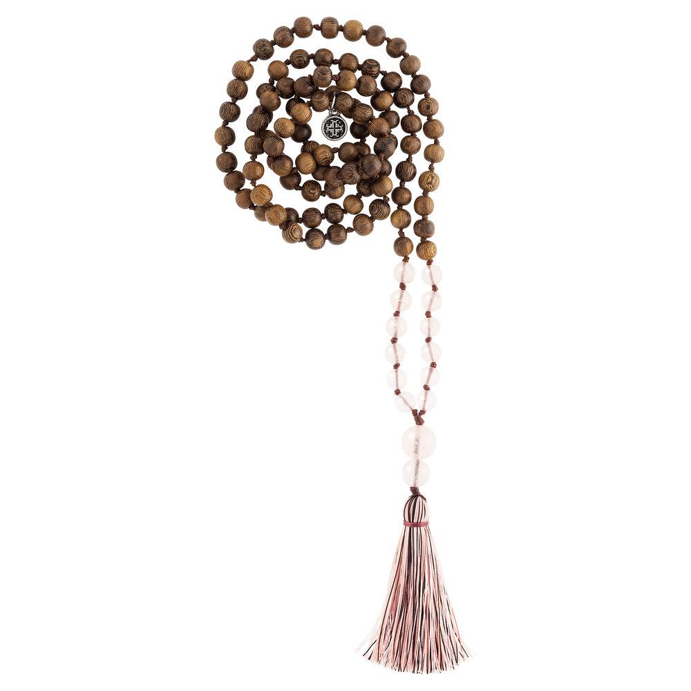 Namaste Hand-knotted 108 Bead Mala: Robles wood + Rose Quartz - malaandmantra