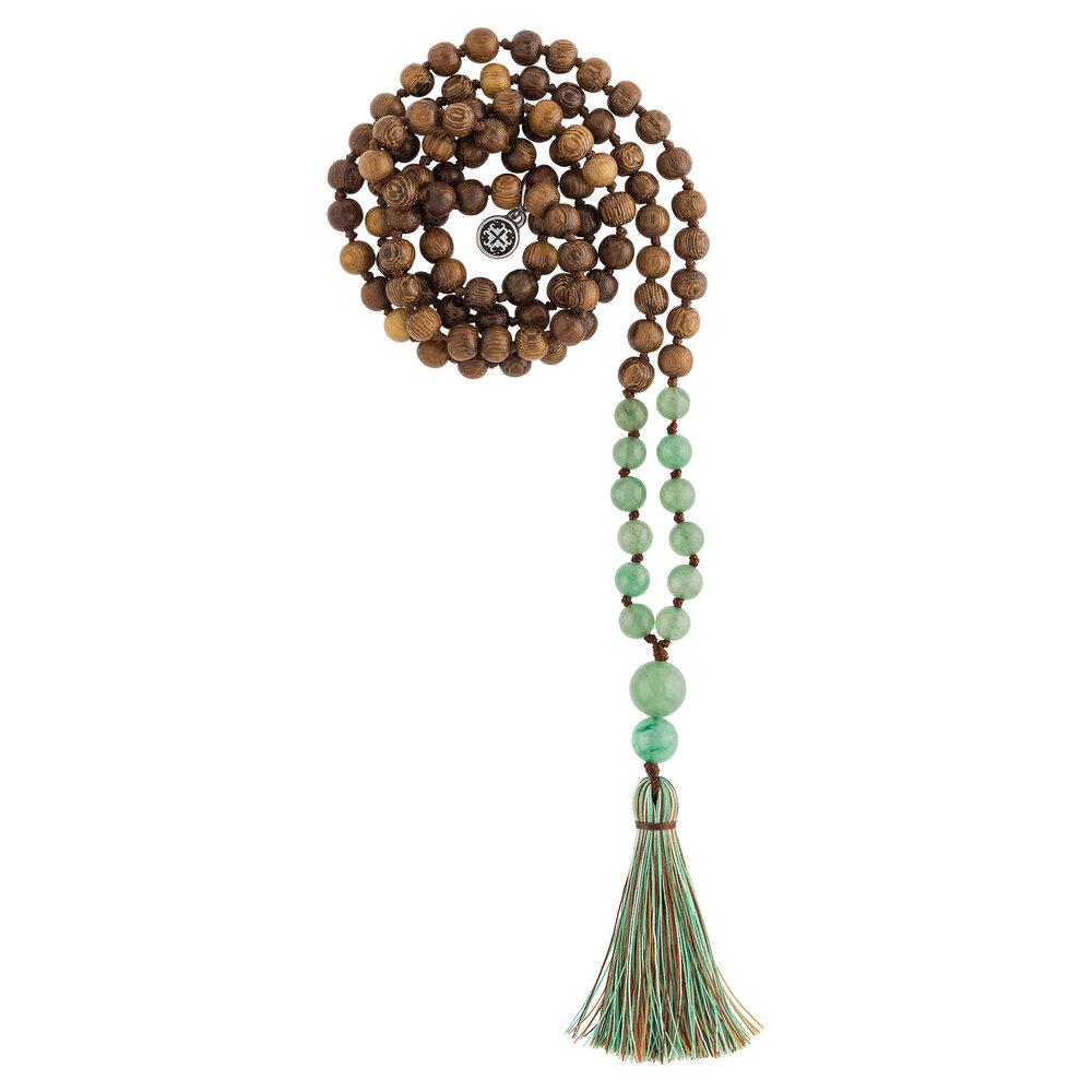 Namaste Hand-knotted 108 Bead Mala: Robles wood + Green Aventurine - malaandmantra