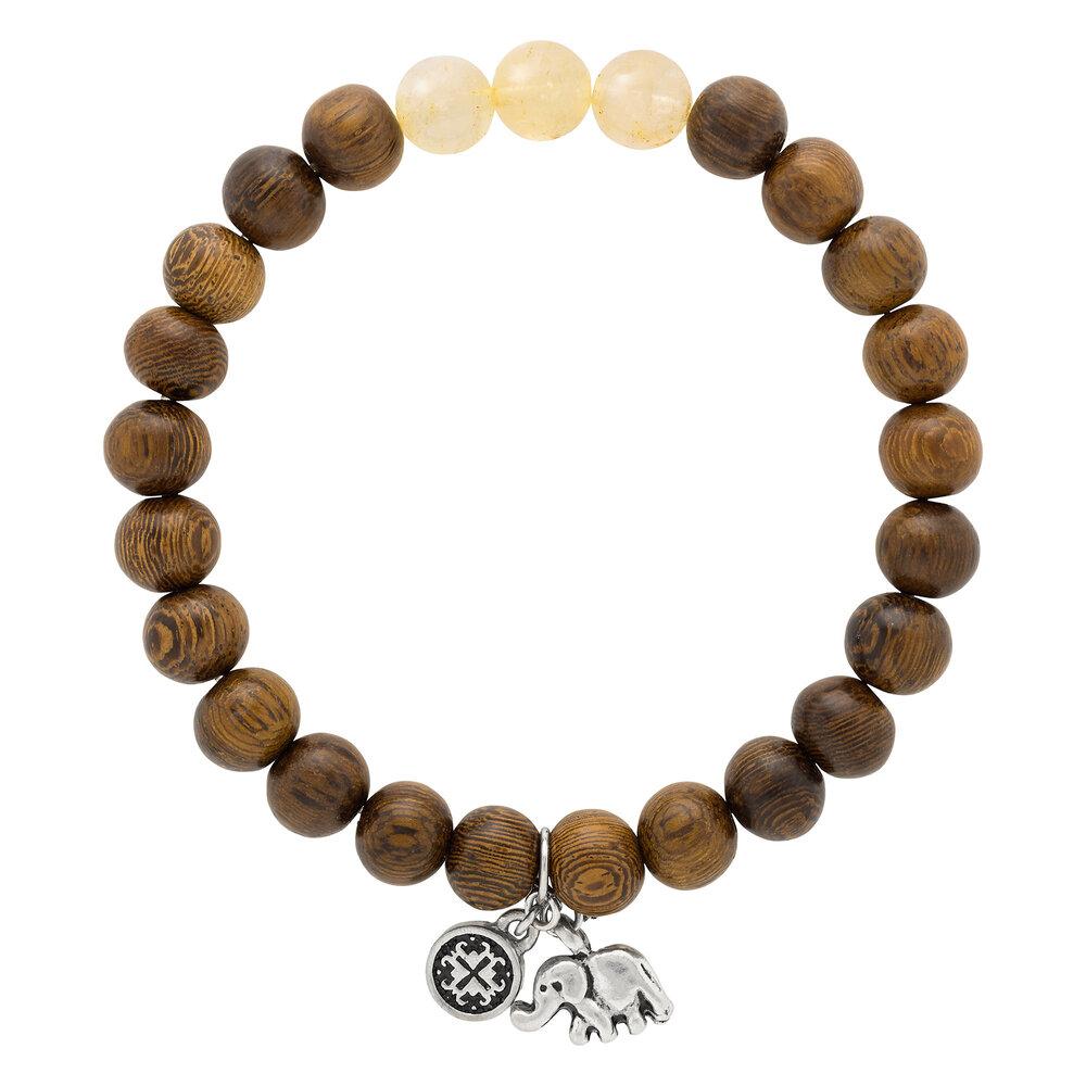 Triple Happiness Bracelet: Robles wood + Citrine with Elephant charm - malaandmantra