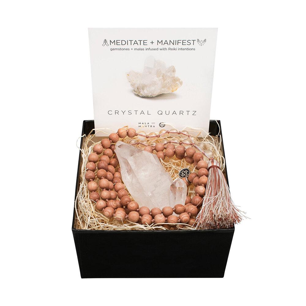 Gemstone Gift Set: Crystal Quartz + Rosewood Namaste Mala with Gemstone - malaandmantra
