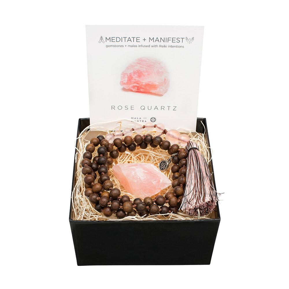 Gemstone Gift Set:  Rose Quartz + Robles wood Namaste Mala with Gemstone - malaandmantra