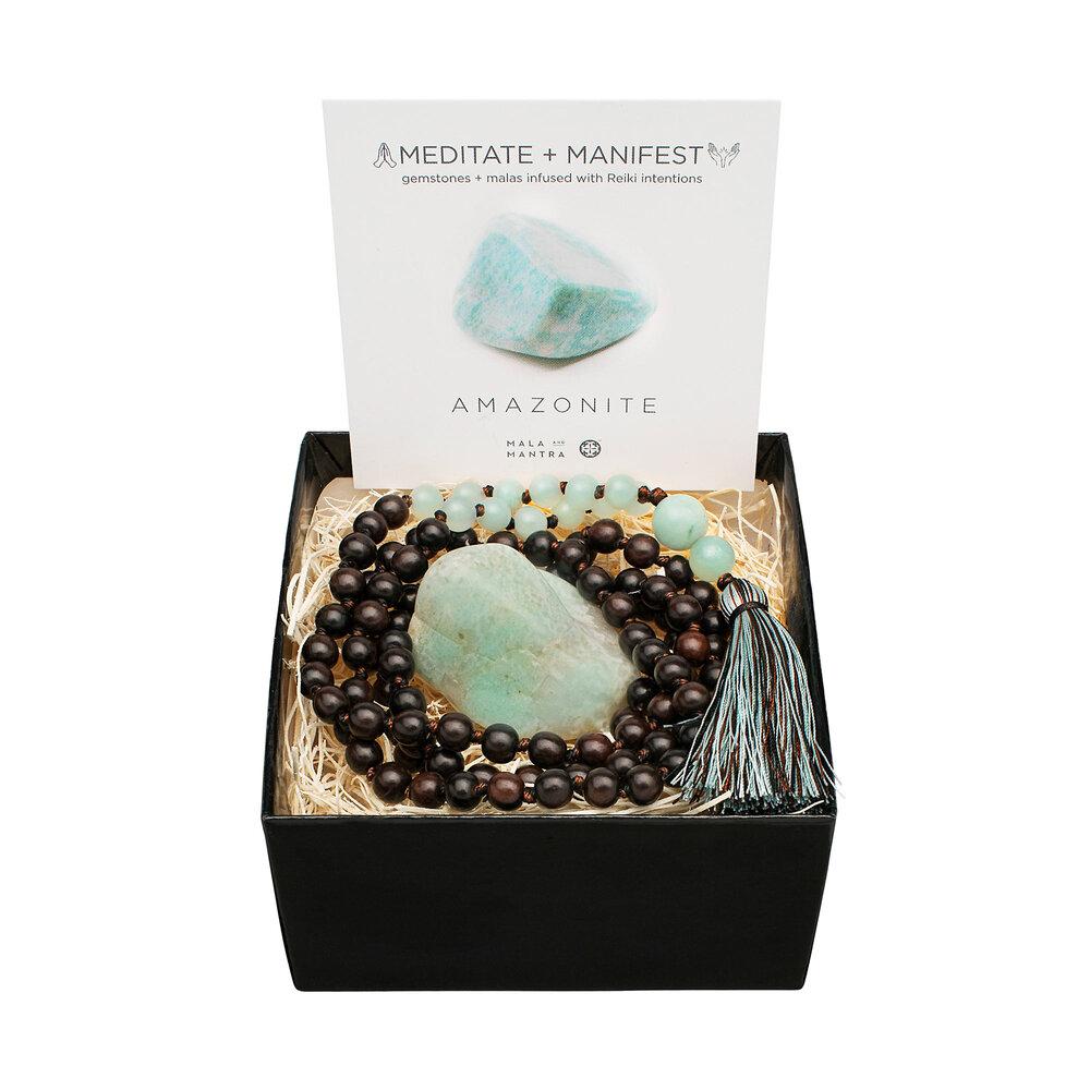 Gemstone Gift Set: Amazonite + Blackwood Namaste Mala with Gemstone - malaandmantra