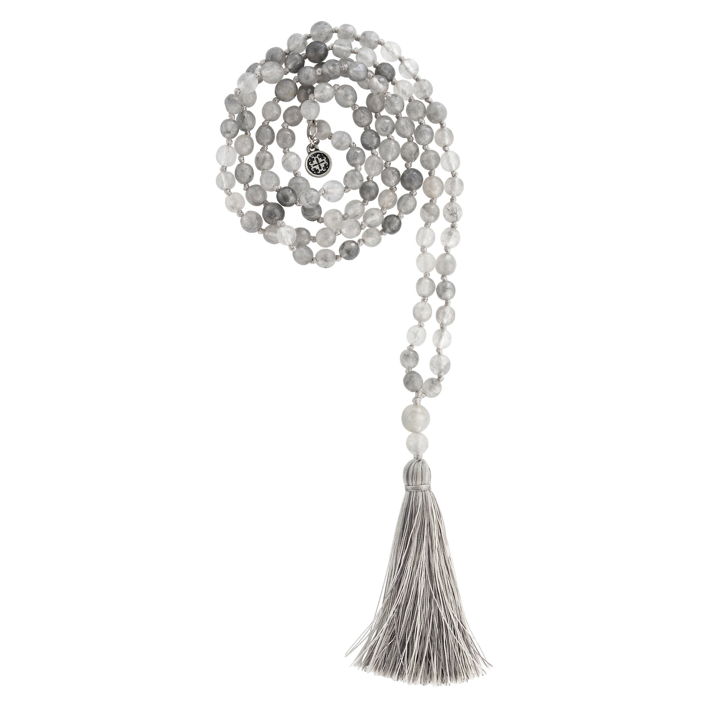 AWARENESS: Silver Grey Quartz Faceted 108 bead Hand-knotted Mala