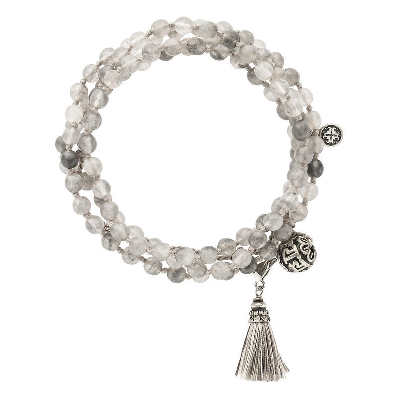 AWARENESS: Silver Grey Quartz Faceted 108 bead Hand-knotted Adjustable Wrap Mala