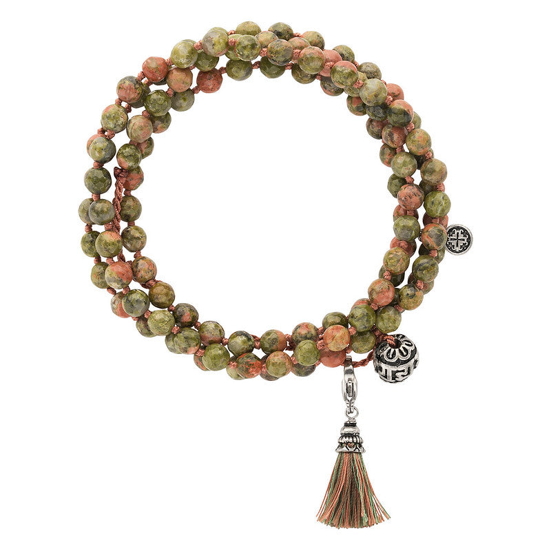 HEALING: Unakite Faceted 108 bead Hand-knotted Adjustable Wrap Mala