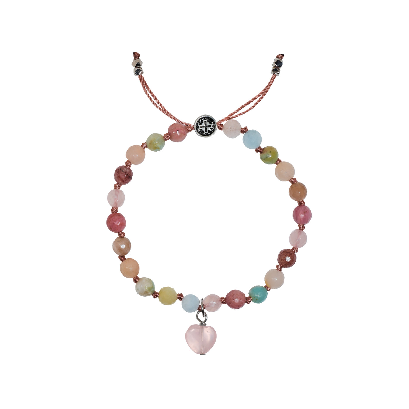 MATA MALA: Gemstone Mix Hand-knotted Bracelet with Rose Quartz Heart Charm