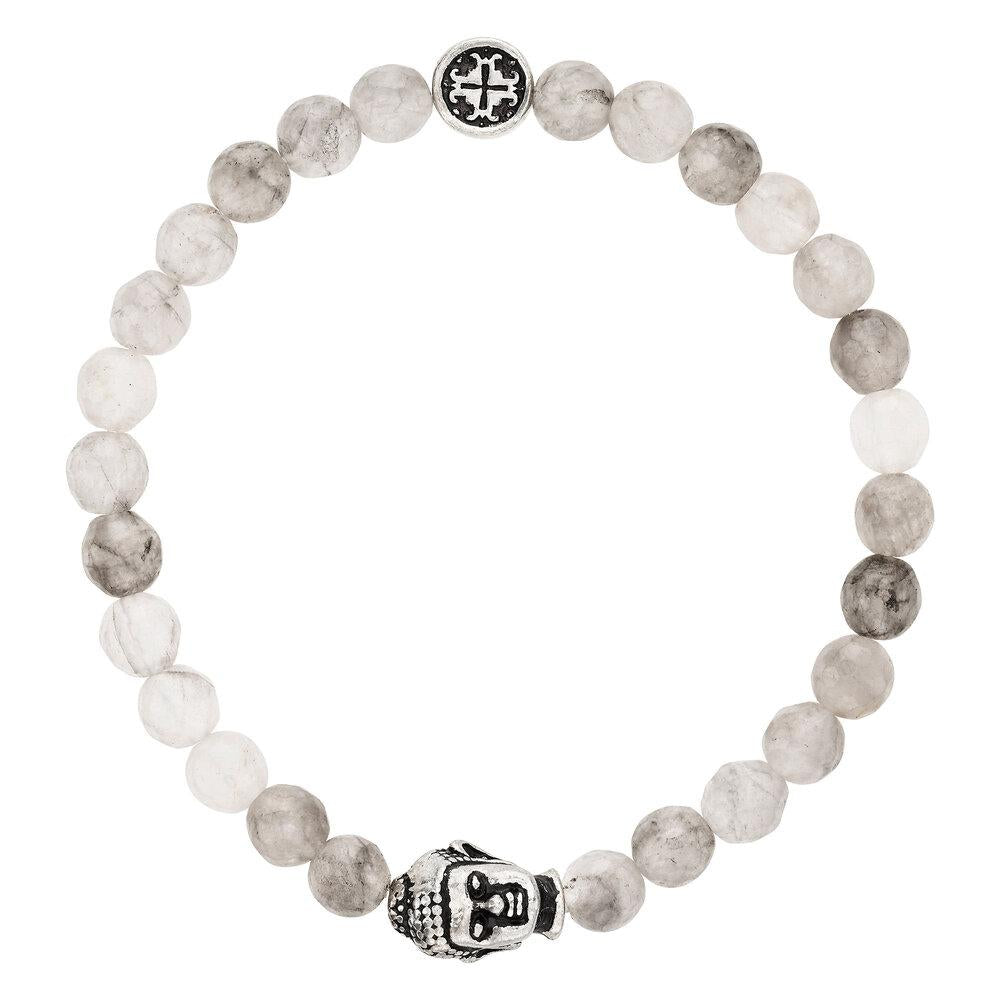 Silver Grey Quartz Women's Faceted Gemstone Stretch Bracelet with Buddha Bead - malaandmantra