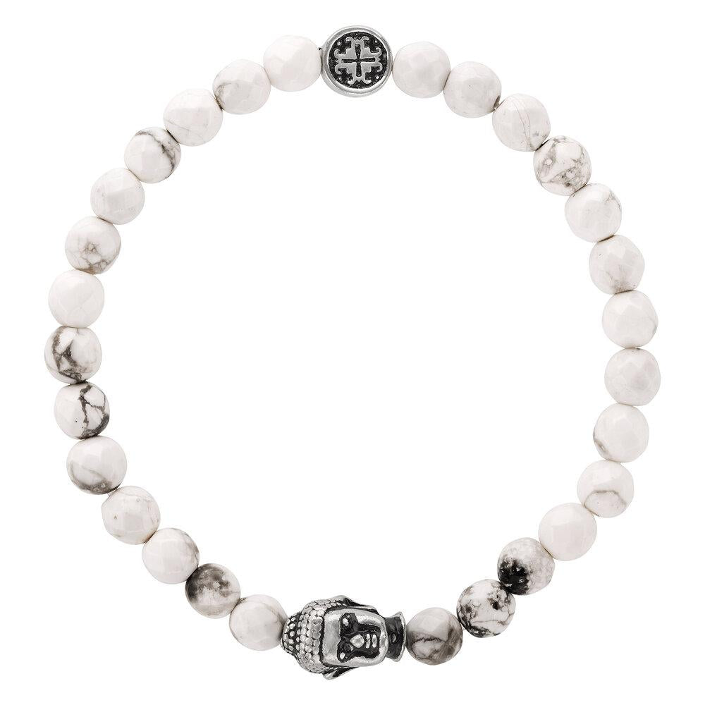 White Howlite Faceted Gemstone Stretch Bracelet with Buddha Bead - malaandmantra