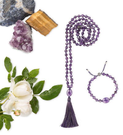 SERENITY: Amethyst Calming Stone 108 Bead Hand-knotted Mala Necklace (6mm)