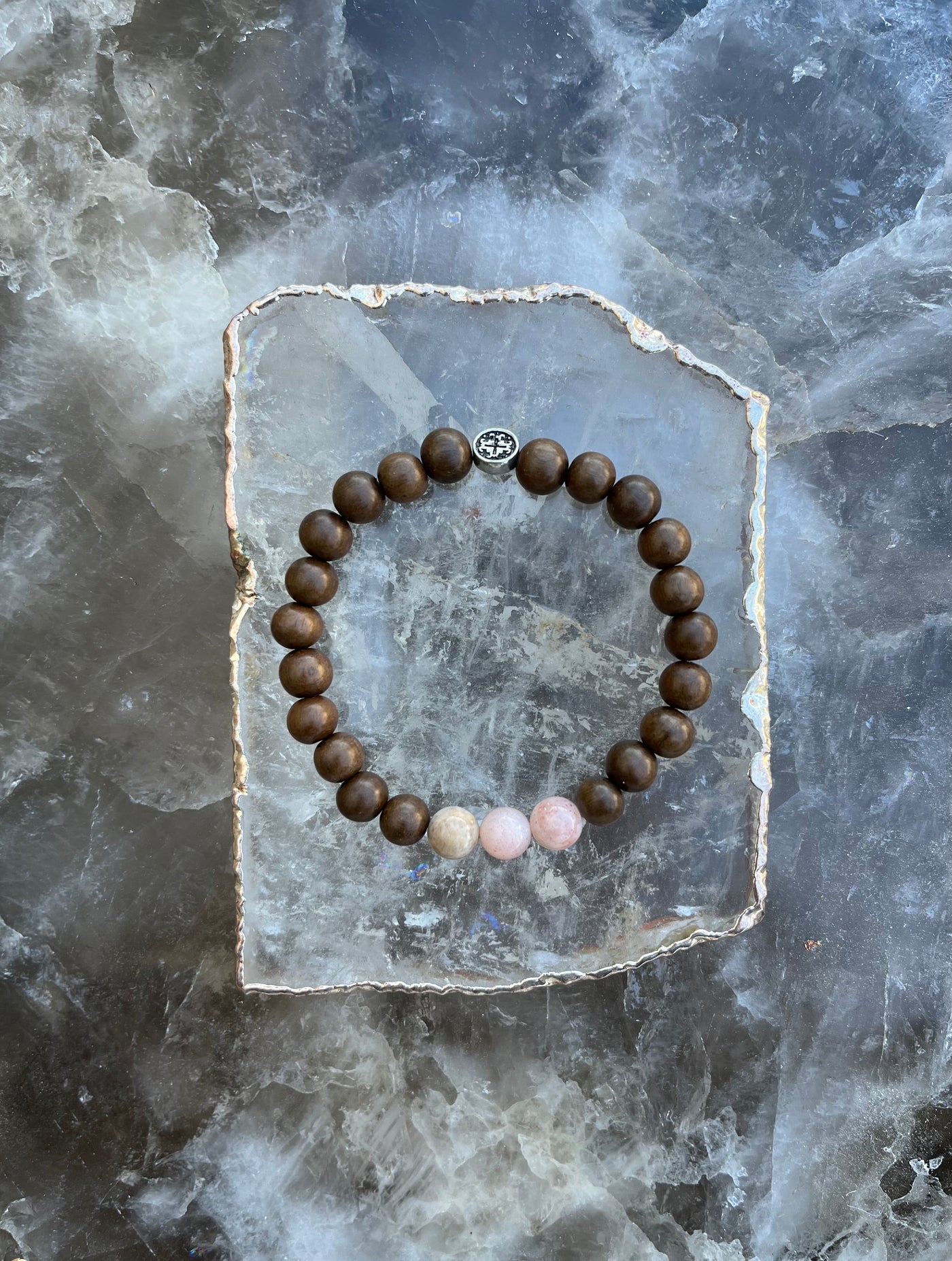 Peach Moonstone and Robles wood Unisex Triple Happiness Stretch Bracelet